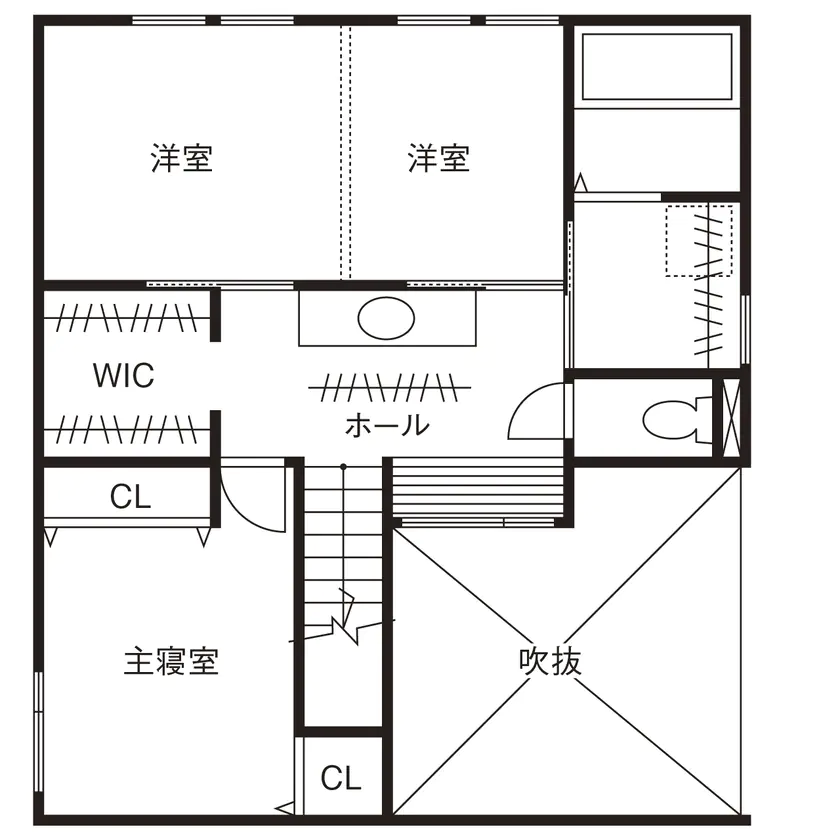2階の間取り図 主寝室、WIC、2つの洋室、ホール、吹抜けで構成された図面